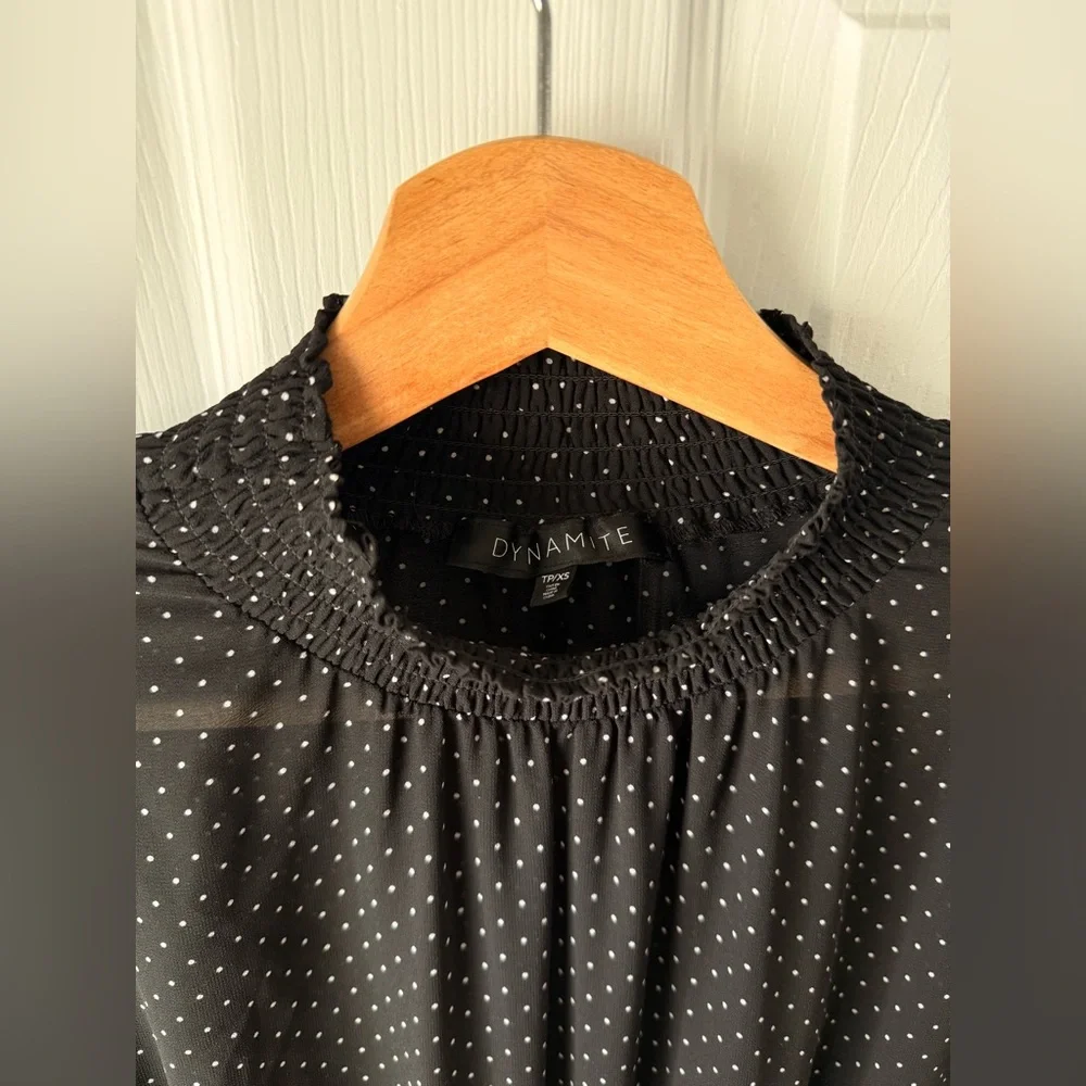 Dynamite Black Long Sleeve Polka Dot Midi Dress - Picture 2 of 12